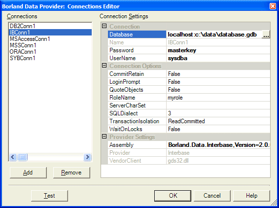 Borland Data Provider Connections Editor